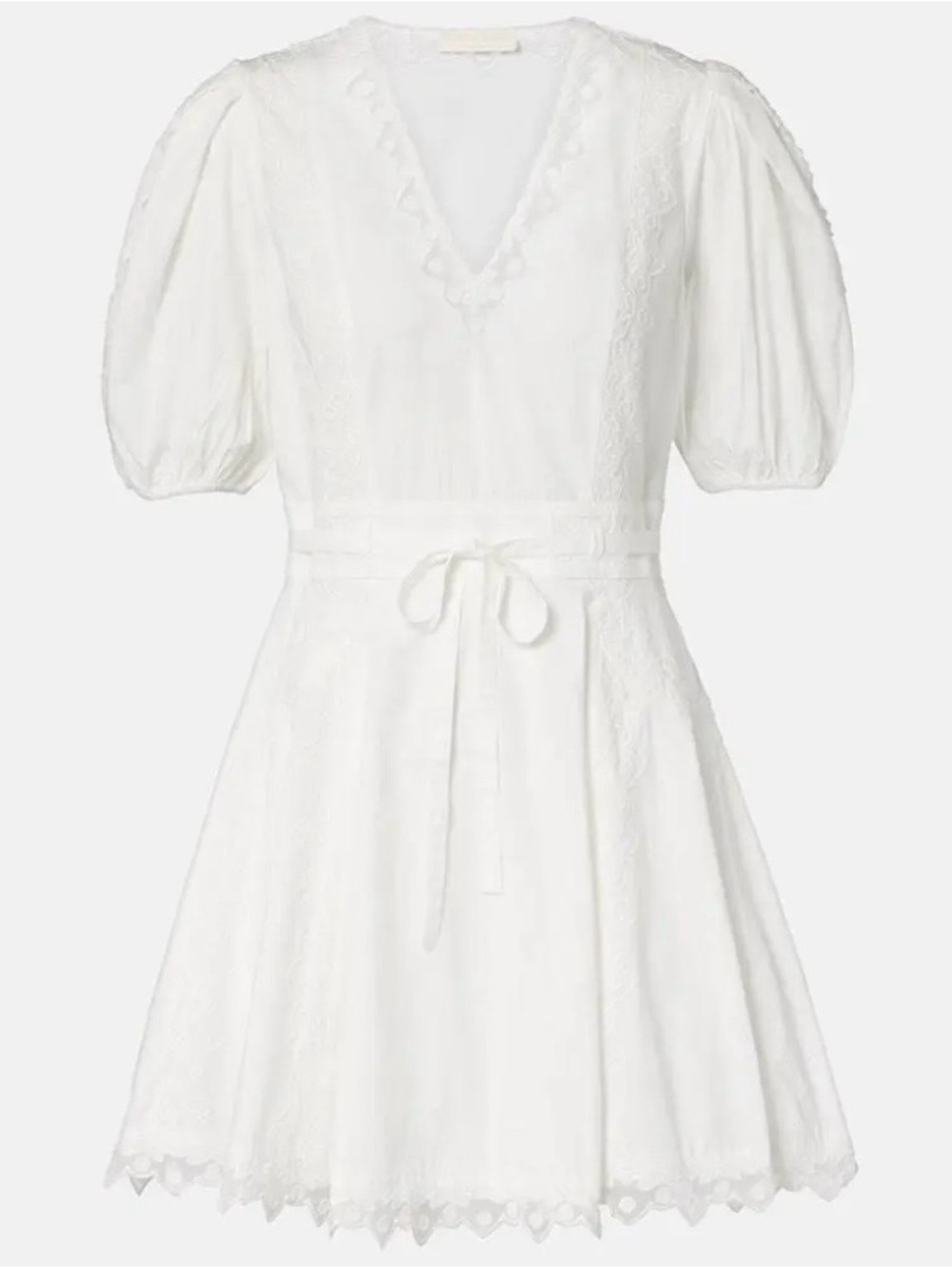 Ulla Johnson White Eyelet Lace V-Neck Tie-Waist Mini Dress